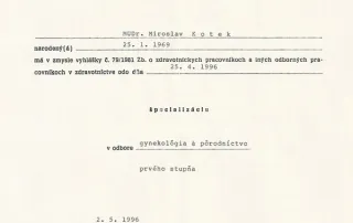 Atestačný diplom — špecializácia gynekológia a pôrodníctvo